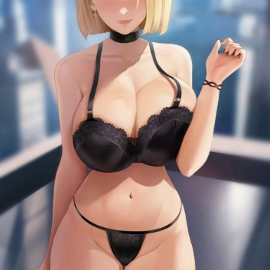 dragon ball, dragon ball z, shounen jump, android 18, loodncrood, 1girls, blonde hair, blue eyes, bra, breasts, city, city background, cityscape, cleavage, female