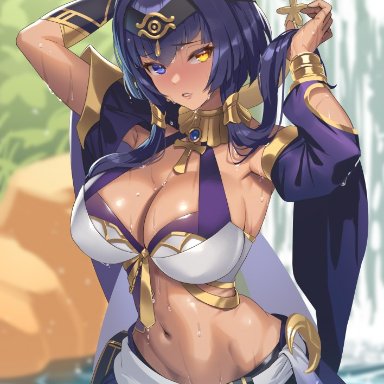 genshin impact, candace (genshin impact), cuboon, 1girls, breasts, brown skin, cleavage, dark-skinned female, dark skin, female, hair ornament, heterochromia, large breasts, looking at viewer, purple eyes