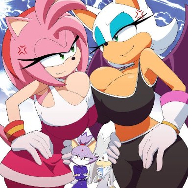 sonic (series), sonic riders, sonic the hedgehog (series), amy rose, blaze the cat, rouge the bat, silver the hedgehog, kojiro-brushard, 1boy, 3girls, alternate breast size, annoyed, annoyed expression, asymmetrical docking, breasts