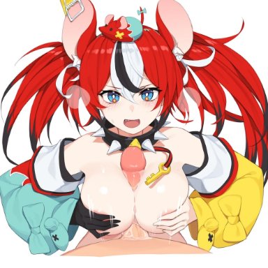 hololive, hololive english -council-, hakos baelz, pepper0, 1boy, 1girls, animal ear fluff, animal ears, big breasts, big penis, blue eyes, blush, boobjob, breasts, collar