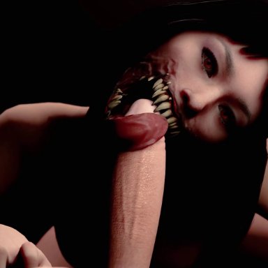 mortal kombat, mortal kombat 11, mileena, black hair, dangerous, erection, fellatio, grey eyes, licking, licking penis, long tongue, male pov, monster girl, oral, oral sex