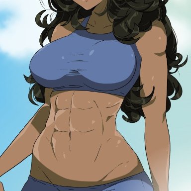 avatar the last airbender, katara, r3dfive, 1girls, abs, aged up, athletic female, bare shoulders, breasts, cowboy shot, dark-skinned female, dark skin, fat mons, female only, fit female