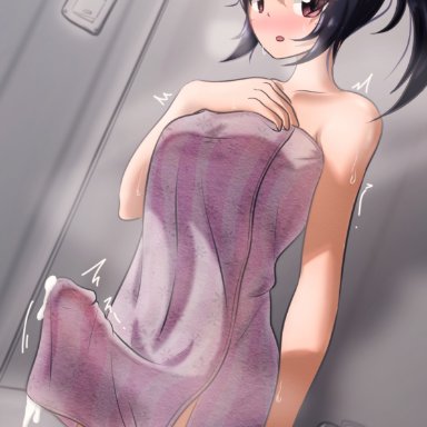 duke shiwa, 1futa, big penis, black hair, bottomless, clothed, clothing, cum, cum through clothes, cumdrip, ejaculation, erection, futa only, futanari, hands-free