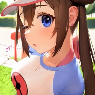 game freak, nintendo, pokemon, pokemon bw2, rosa (pokemon), rak (kuraga), 1girls, :o, breasts, brown hair, clothed, clothed female, female, female only, fisheye lens