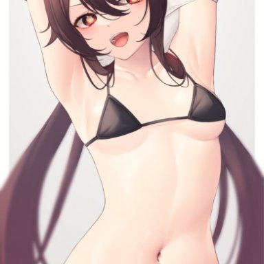 genshin impact, hu tao (genshin impact), shirafuji ene, 1girls, armpits, arms up, bikini, black bikini, breasts, brown hair, female, female only, navel, open mouth, pale-skinned female