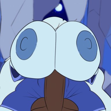 adventure time, ice queen, original character, xytora, 1boy, 1girls, balls, big balls, big breasts, big penis, blue skin, breasts, breasts out, dark-skinned male, dark skin