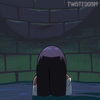 the ring, yamamura sadako, twistedgrim, black hair, breasts, female, ghost girl, long hair, monster girl, nipples, pussy, water, white clothing, 2d (artwork), 2d animation