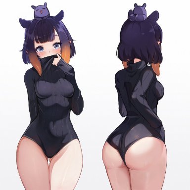 hololive, hololive english, ninomae ina'nis, tako (ninomae ina'nis), koahri, ass, ass visible through thighs, bangs, blue eyes, blush, covering mouth, female, looking at viewer, mole, orange hair