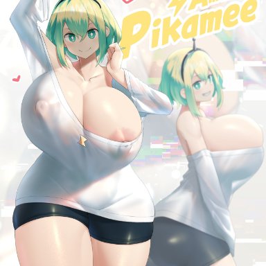 voms project, amano pikamee, sinensian, 1girls, alternate body type, alternate breast size, areolae, armpits, ass, bike shorts, blonde hair, breasts, female, green eyes, green hair