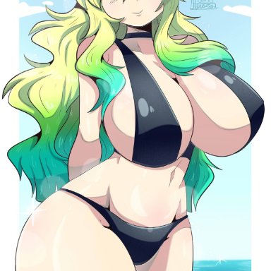 miss kobayashi's dragon maid, quetzalcoatl (dragon maid), alvarodibujill1, 1female, 1girls, beach, big ass, big breasts, big butt, bikini, breasts, breasts bigger than head, enormous ass, enormous breasts, female