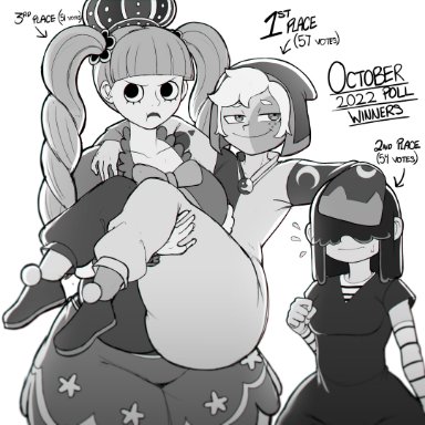 one piece, the loud house, the owl house, lucy loud, perona, the collector (the owl house), blackwhiplash, 1boy, 2girls, big booty femboy, big breasts, carrying person, crown, femboy, girly