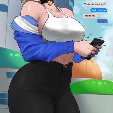 dragon ball, dragon ball super, dragon ball z, android 18, echosaber, 1girls, blonde hair, blue eyes, breasts, female, hips, holding object, huge breasts, implied cheating, implied netorare