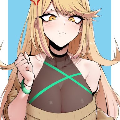 monolith soft, nintendo, xenoblade (series), xenoblade chronicles 2, mythra, j.k., 1girls, anger vein, angry, bangs, blonde hair, blush, breasts, cleavage, clothed