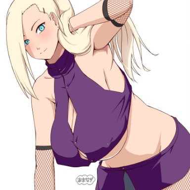 naruto, naruto (series), naruto shippuden, ino yamanaka, amanagiyakumo, 1girls, arm behind head, armpits, bent over, big breasts, blue eyes, blush, breasts bigger than head, busty, center opening