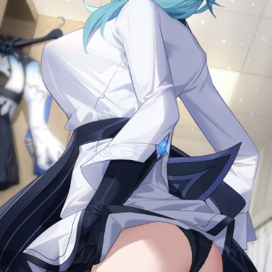 genshin impact, eula (genshin impact), wu ganlan cai, 1girls, ass, ass focus, black panties, black pantyhose, blue hair, blush, breasts, changing room, chef, chef hat, clothed female