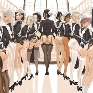 original, throtem, big ass, black hair, brunette, hairbun, long hair, looking at viewer, maid, maid apron, maid outfit, maid uniform, short hair, stockings, yellow hair