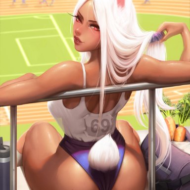 my hero academia, miruko, rumi usagiyama, luminyu, 1girls, against railing, animal ears, animal tail, ass, ass focus, back muscles, back view, backside, bare arms, bare shoulders