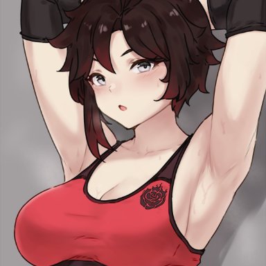 rwby, ruby rose, bluefield, 1girls, abs, breasts, cleavage, female, female only, muscles, muscular female, silver eyes, solo, solo female