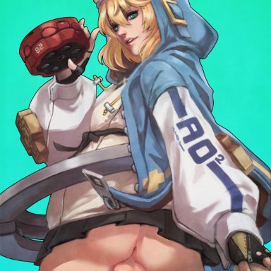 guilty gear, bridget, monorirogue, 1futa, aqua eyes, blonde hair, femboy, from behind, futa only, futanari, hoodie, otoko no ko, penis, solo, trap