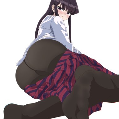 komi-san wa komyushou desu, komi shouko, felipe godoy, 1girls, ass, ass focus, blush, feet, kneeling, long hair, looking back, pantyhose, plaid skirt, school uniform, skirt