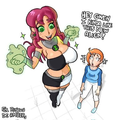 ben 10, cartoon network, dc comics, teen titans, ben tennyson, benfire, gwen tennyson, starfire, starfire (cosplay), el rincon de amber, 2girls, aged up, alien, alien girl, big breasts