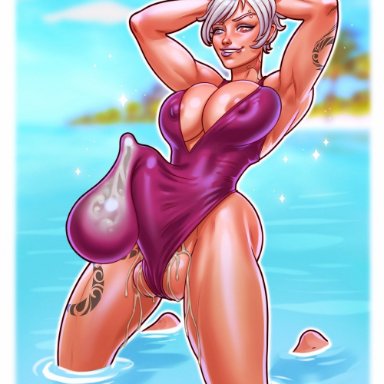 original character, sensualstroke, 1futa, areola slip, areolae, arms behind head, arms up, balls, big breasts, big penis, breasts, bulge, clothed, clothing, condom