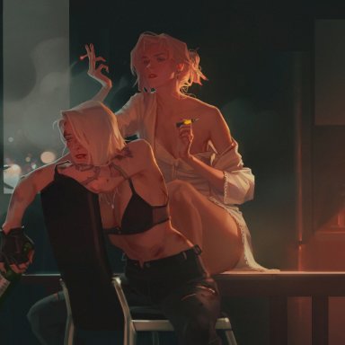 overwatch, ashe (overwatch), mercy, efferwescent, alcohol, blonde hair, bra, bruised, cigarette, detective, doctor, exposed shoulders, female, female only, night