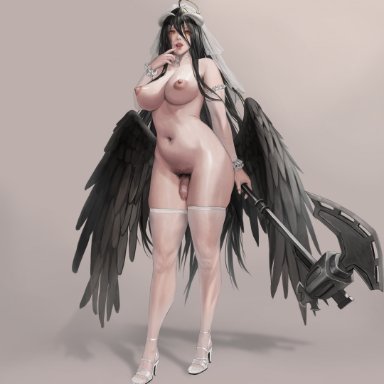 overlord (maruyama), albedo (overlord), janggun, 1futa, areolae, armwear, ass, axe, belly button, big ass, big breasts, big hips, big thighs, black hair, black wings