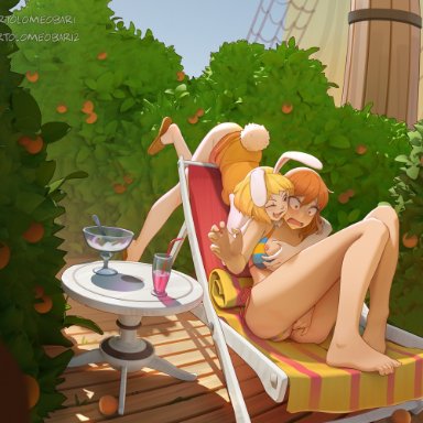 one piece, carrot (one piece), nami, bartolomeobari, 2girls, barefoot, beach chair, big breasts, blonde hair, blush, breasts out, brown eyes, bunny girl, caught masturbating, eyes wide open