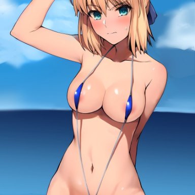 fate/stay night, fate (series), artoria pendragon, artoria pendragon (fate), saber, haruhisky, ahoge, alternate costume, annoyed, areolae, arm behind back, arm up, bangs, beach, bikini