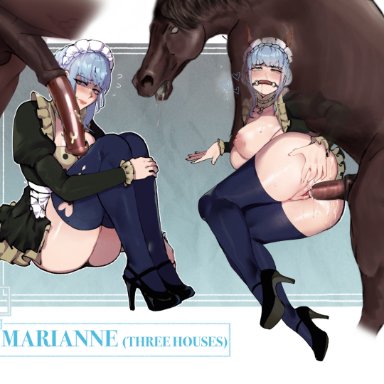 fire emblem, fire emblem: three houses, nintendo, dorte the horse, marianne von edmund, thiccwithaq, 1girls, adapted costume, ahe gao, alternate costume, ass, balls, bangs, bare thighs, big breasts