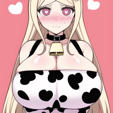 danganronpa, danganronpa v3, new danganronpa v3, akamatsu kaede, nai diffusion, stable diffusion, big breasts, blonde hair, blush, cow girl, cow print, heart-shaped pupils, huge breasts, ai generated, tagme