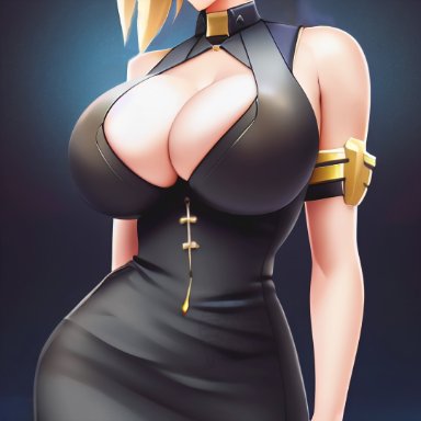 overwatch, mercy, rekki, stable diffusion, big breasts, black dress, huge breasts, tight clothing, ai generated