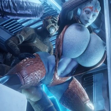 mass effect, asari, batarian, samara, turian, vorcha, dreamhawk, sfmdh, 1girls, 3boys, abs, alien, alien genitalia, alien girl, alternate breast size