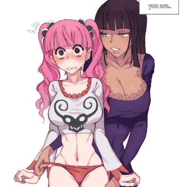 one piece, nico robin, perona, lushhhh, 2girls, big breasts, black hair, blush, cleavage, long hair, panties, pink hair, thighhighs, twintails, yuri