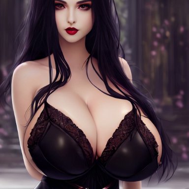 original, stable diffusion, black hair, emo, female, goth, goth girl, hourglass figure, hyper breasts, large breasts, light-skinned female, long hair, looking at viewer, pale-skinned female, pale skin