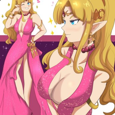 nintendo, the legend of zelda, princess zelda, zelda (a link between worlds), karbuitt, 1girls, alternate hairstyle, big breasts, blonde hair, blue eyes, breasts, busty, cleavage, dress, female