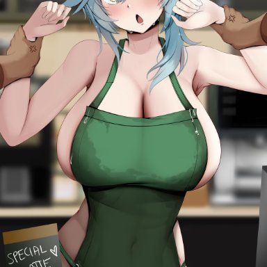 genshin impact, starbucks, eula (genshin impact), astraea (atelierastraea), 1boy, 1girls, abs, apron, armpits, arms up, barely clothed, barista, blue hair, blush, clothed female nude male