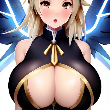 overwatch, mercy, rekki, stable diffusion, angry, big breasts, huge breasts, ai generated