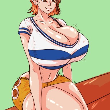 one piece, nami, gaz of nylrac, 1girls, ass bigger than head, big ass, big breasts, breasts bigger than head, bursting breasts, cleavage overflow, enormous ass, enormous breasts, fat ass, gigantic ass, gigantic breasts