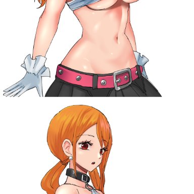 one piece, one piece film red, nami, akane badluck, big breasts, breasts out, gloves, large breasts, long hair, nipple slip, orange hair, skimpy, skirt, solo, solo female