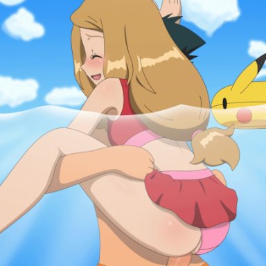 nintendo, pokemon, pokemon (anime), pokemon xy, pikachu, satoshi (pokemon), serena (pokemon), jitan, 1boy, 1girls, alternative costume, amourshipping, anus, ass, bare arms