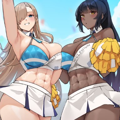 blue archive, asuna (blue archive), karin (blue archive), cromwellb, 2girls, abs, big breasts, breasts, cheerleader, cheerleader uniform, dark-skinned female, dark skin, female, female focus, female only