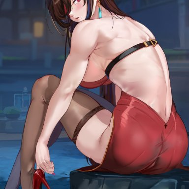 genshin impact, beidou (genshin impact), loooyd, 1girls, ass, backless outfit, breasts, brown hair, dress, eyepatch, female, heels, hips, huge breasts, large ass