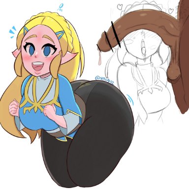 breath of the wild, the legend of zelda, princess zelda, zelda (breath of the wild), neroartz, yasu, ass, big ass, big butt, blonde hair, blue eyes, bottom heavy, dark-skinned male, dark skin, elf