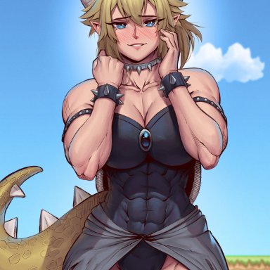 mario (series), new super mario bros. u deluxe, nintendo, bowsette, speedl00ver, 1girls, armband, bare arms, bare shoulders, big breasts, black legwear, black leotard, blonde hair, blue eyes, blush