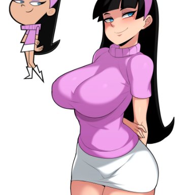 the fairly oddparents, trixie tang, jmg, arms behind back, black hair, blue eyes, headband, large breasts, long hair, miniskirt, smile, thick thighs, wide hips, artist signature