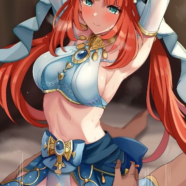 genshin impact, nilou (genshin impact), mobu, 1boy, aqua eyes, arms up, blurry, blurry background, blush, breasts, circlet, closed mouth, clothed sex, cowgirl position, female