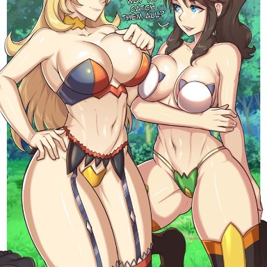 game freak, nintendo, pokemon, pokemon (game), pokemon bw, pokemon dppt, cynthia (pokemon), hilda (pokemon), redjet, 2girls, big breasts, bikini, blonde hair, blue eyes, breasts