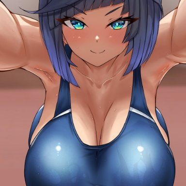 genshin impact, yelan (genshin impact), haihm07, 1girls, armpits, arms up, bent over, blue eyes, blue hair, blush, bob cut, breasts, busty, curvy, female